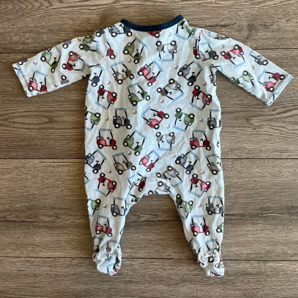 Mudpie Baby Boy One Way Zipper Footed Pajama Blue Green Golf Print Cotton 0-3 M